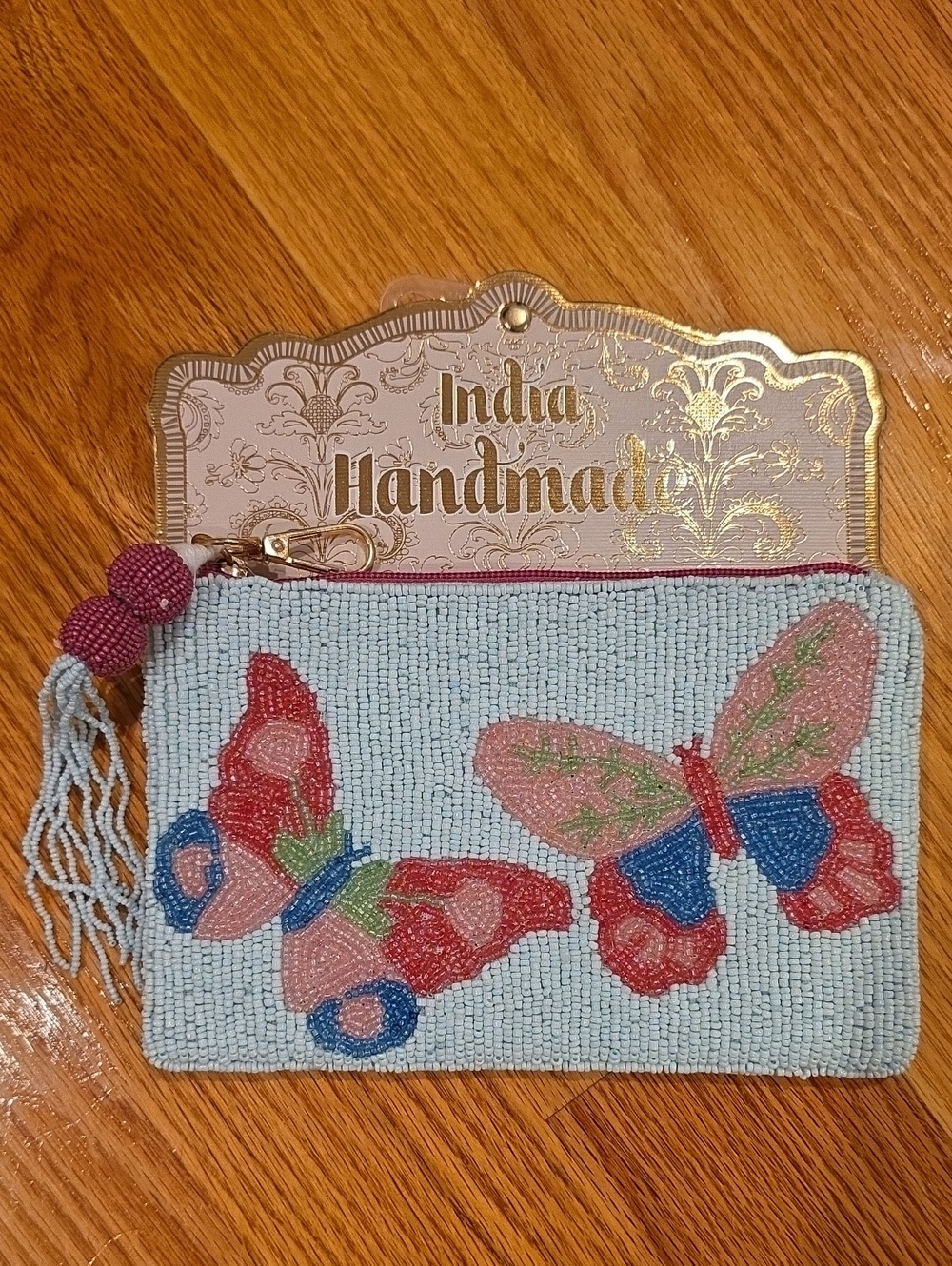 Handmade Beaded Butterfly Wristlet Clutch - Light Blue